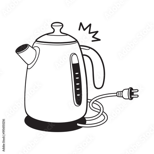 A simple black and white illustration of an electric kettle with a plug