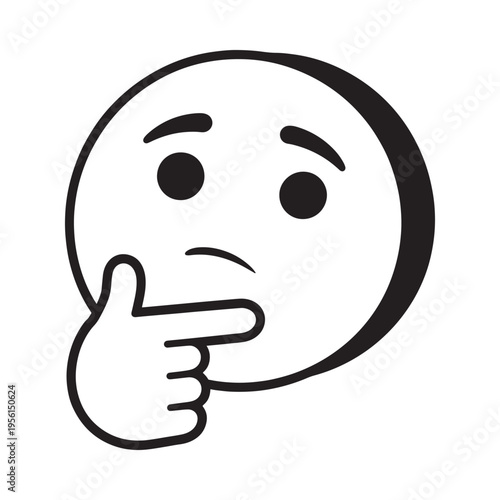 A black and white illustration of a thinking face emoji with a hand gesture