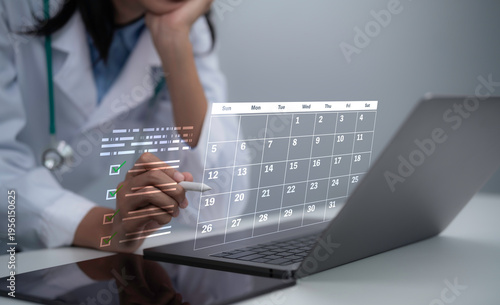 Vászonkép Doctor using laptop with AI digital calendar and checklist interface for healthc