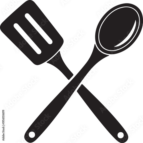 Crossed spatula and spoon icon representing culinary tools silhouette vector icon