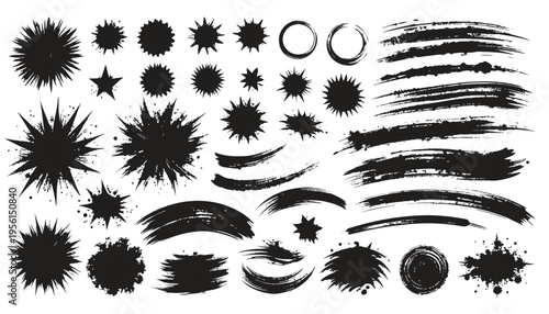 Ink Splatter Design Elements: An assortment of black ink splatters, starbursts, brushstrokes, and abstract shapes, perfect for adding texture and visual interest to design projects.