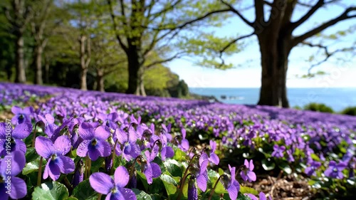 Wallpaper Mural Lush field of purple wildflowers with trees, sea, and sky in background Torontodigital.ca