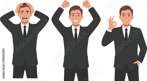 Professional business man character set in black suit featuring stressed happy and okay hand gesture poses for corporate office.