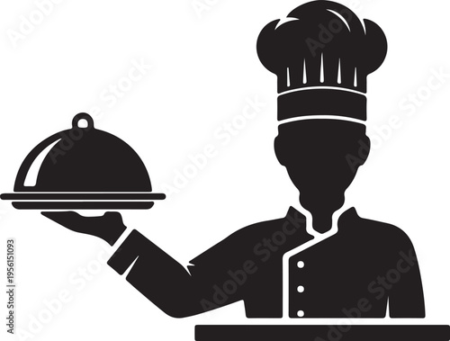 Chef holding a silver serving tray with a dome lid silhouette vector icon