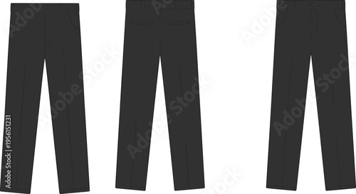 Technical fashion sketch of men's formal trousers featuring front back and side views for apparel design and manufacturing.