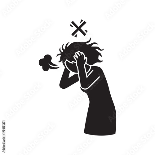 Vector silhouette icon of an angry and frustrated woman stick figure pulling her hair out in stress
