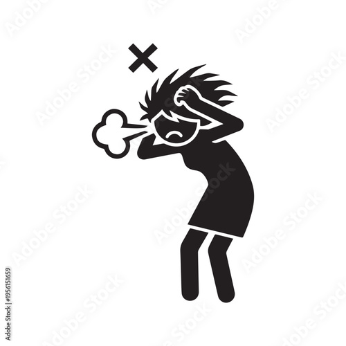 Vector silhouette icon of an angry and frustrated woman stick figure pulling her hair out in stress
