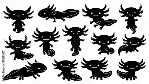 Charming Collection of Axolotl Silhouettes in Various Poses - Delightful Amphibian Vector Icons for Design Projects