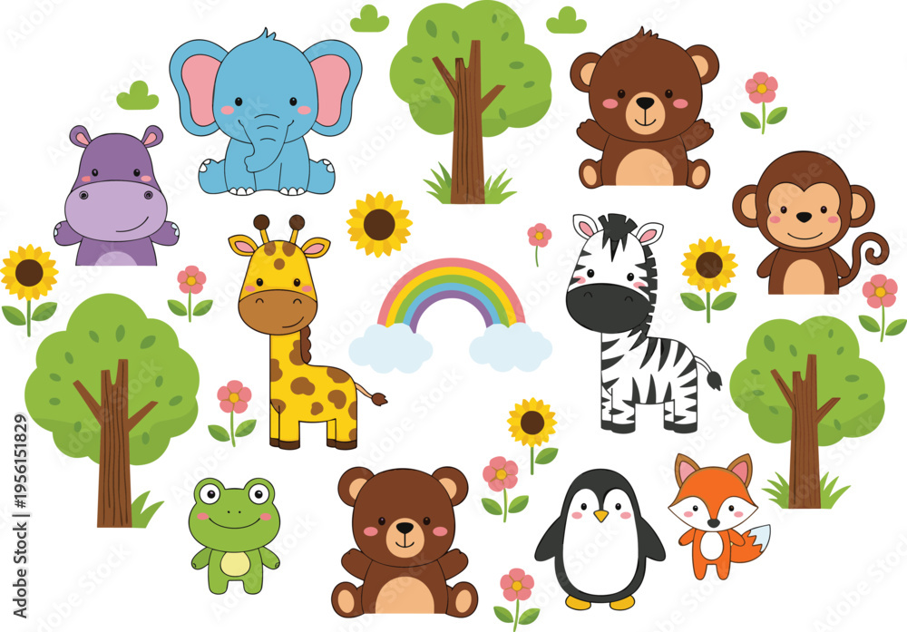 Obraz premium Cute Animal Faces Collection with Elephant, Giraffe, Bear, Zebra, Monkey, and Rainbow in Nature Illustration