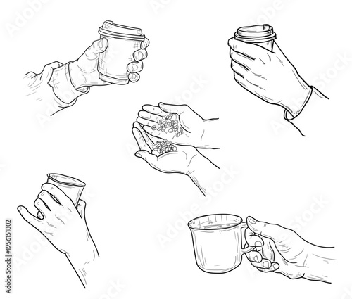 A hand holding cup of coffee, coffee beans in the palms, hand-drawn sketch. Vector illustration. Line drawing, set isolated on white background. Concept for takeaway food, coffee, and quick breakfast.