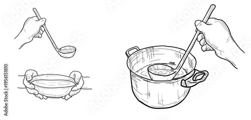 A hand holding a ladle next to a pot of soup, a plate in hand, hand-drawn sketch. Vector illustration. Simple line drawing, set isolated on a white background. Concept for kitchen, menu, and dining.