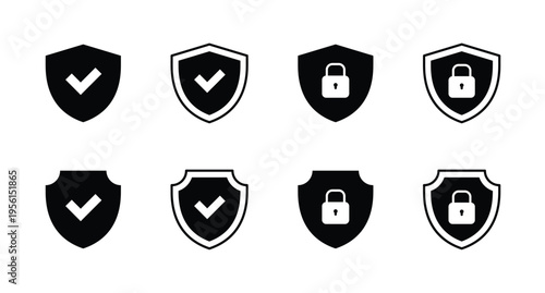 shield security icon set. safety, protection symbols. security icon with check mark and lock sign. Solid vector icons collection