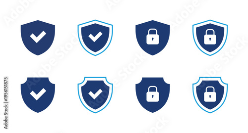 shield security icon set. safety, protection symbols. security icon with check mark and lock sign. Solid vector icons collection
