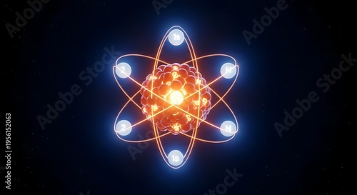 An atom with glowing electrons orbiting nucleus.