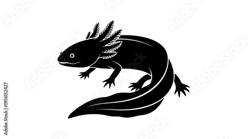 Mystical aquatic axolotl creature in a striking black silhouette design, perfect for various graphic projects and educational materials
