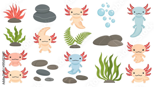 Collection of cute cartoon axolotls with aquatic plants, rocks, and bubbles, perfect for charming underwater scenes