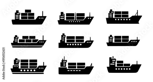 A collection of nine black silhouette icons representing cargo container ships for logistics use Vector
