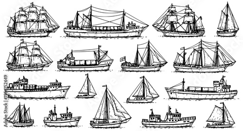 A collection of various hand drawn vintage ships and sailing vessels in a classic ink sketch style Vector
