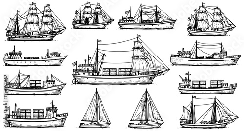 A collection of hand drawn illustrations depicting various types of sailing vessels and cargo ships Vector