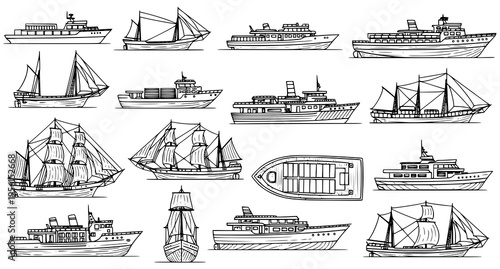 A detailed collection of various hand drawn nautical vessels including ships and sailing boats Vector