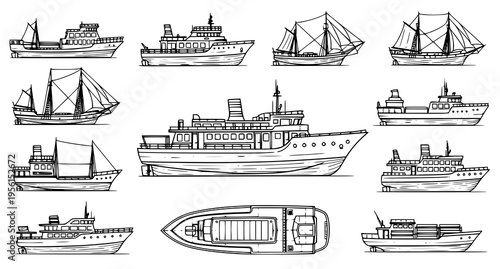 Collection of various hand drawn ships and boats including yachts and commercial cargo vessels Vector