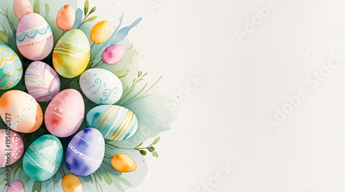 Watercolor Easter background featuring hand-painted pastel eggs, delicate patterns, soft brush strokes, subtle paper texture. Clean copy space. For greeting cards, invitations, branding, social media,