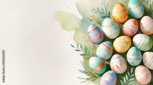Watercolor Easter background featuring hand-painted pastel eggs, delicate patterns, soft brush strokes, subtle paper texture. Clean copy space. For greeting cards, invitations, branding, social media,