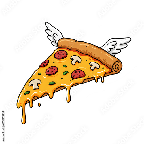 Cartoon illustration of a flying pizza slice with pepperoni, mushrooms, and melting cheese, featuring small white wings.