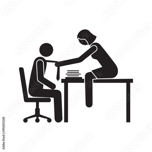 Vector pictogram of workplace romance or sexual harassment with woman sitting on office desk pulling man by the tie
