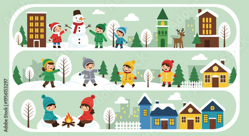 Winter Wonderland with Kids Building Snowman, Ice Skating, and Playing in Snow, Snowy Village Scene