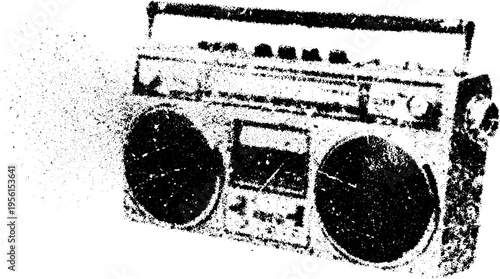 Vintage boombox illustration. Black and white audio equipment vector art featuring a distressed texture, suitable for music themes.