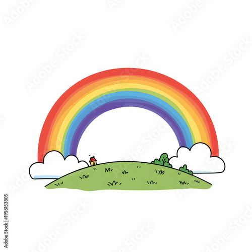 A cheerful cartoon illustration of a vibrant rainbow arching over a small green hill with a tiny red house and fluffy white clouds.