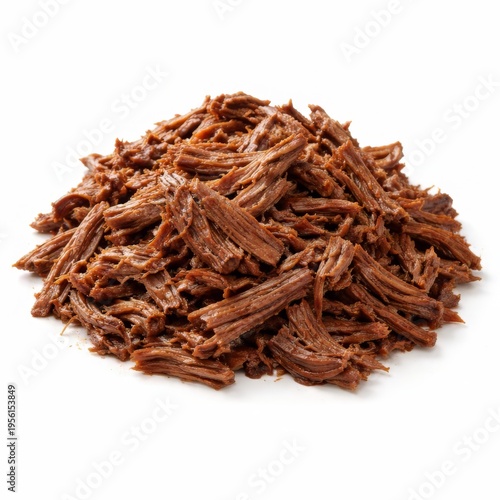 Tender brown shredded beef is heaped in a pile on a white background, perfect for illustrating barbecue, tacos, meal prep, or slow-cooked comfort food dishes.