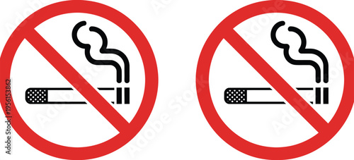 two identical no smoking signs featuring a black cigarette icon inside a red forbidden circle mark vector, clean prohibition symbol design for public places health warning signage