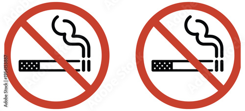 two identical no smoking signs featuring a black cigarette icon inside a red forbidden circle mark vector, clean prohibition symbol design for public places health warning signage