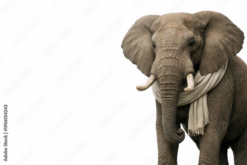 Fototapeta premium Majestic elephant draped in a soft fabric scarf stands in profile against a clean white backdrop, creating a minimalist, sophisticated scene with generous copy space.