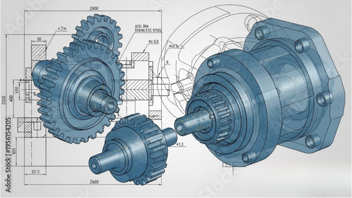 Mechanical gears assembly with detailed technical drawing and illustrations