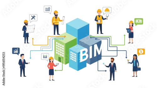 Construction workers collaborate using Building Information Modeling technology