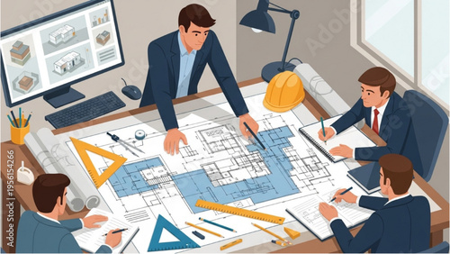 Engineers collaborate on construction project blueprints in office setting with computer and tools