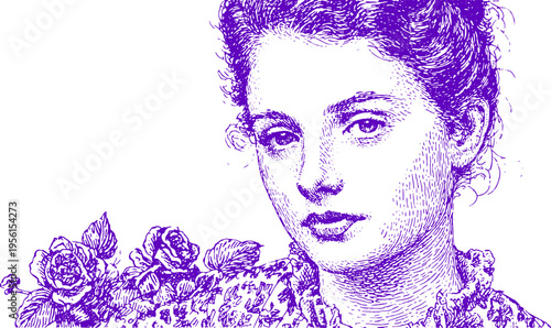 Portrait of a woman with roses in a vintage sketch style. Detailed engraving with floral dress, hair, and face features in violet vector illustration.
