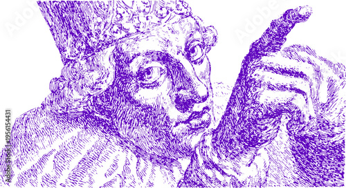 Illustration of a historical figure with a crown and an expressive hand gesture. Detailed vector art in purple and white.