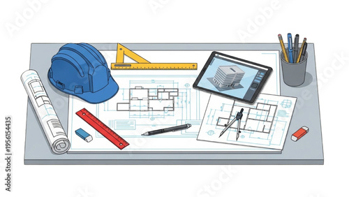 Architectural tools and blueprints on a desk with a tablet