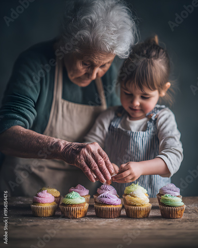 Baking together grandmother and granddaughter decorate cupcakes kitchen photo