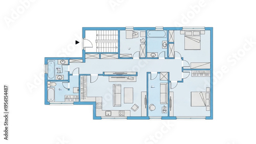 A detailed blueprint shows interior layout of a modern house with rooms and corridors