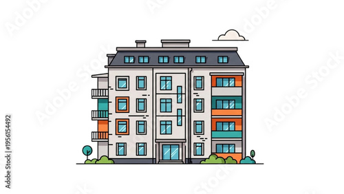 A modern apartment building stands tall in an urban setting with balconies and a cloudy sky