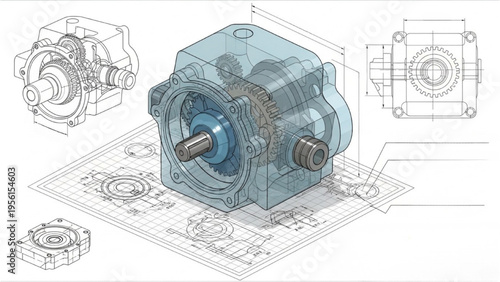 Detailed technical drawing of a mechanical gearbox on a blueprint with diagrams