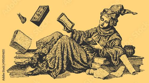 Jester character holding a book and scroll. Black and white vector illustration depicting literature and storytelling in a vintage style.