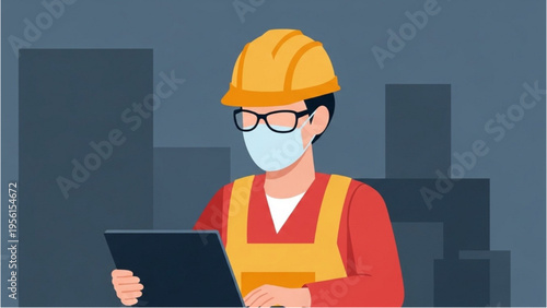 A worker in a hard hat and face mask reviews documents on a tablet.