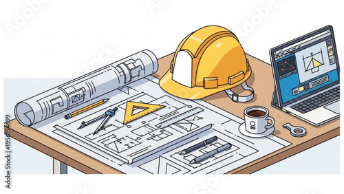 An engineer works on construction plans with a laptop and safety gear nearby indoors.