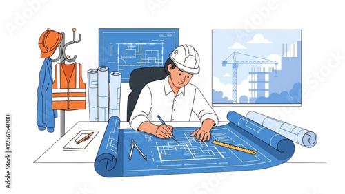 Engineer designing architecture blueprints in office with tools and plans